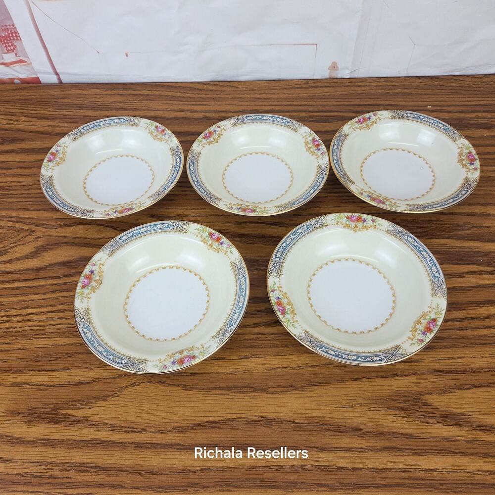 Noritake Rose China Annette 5 3/4"Fruit Dessert Bowls Gold Rim Lot Of 5 Vintage